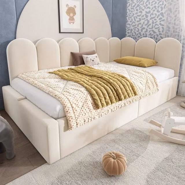 Letto Contenitore REDOM in Velluto Beige con Rete a Sollevamento Idraulico L/P/H: 210 x 90 x 200 cm