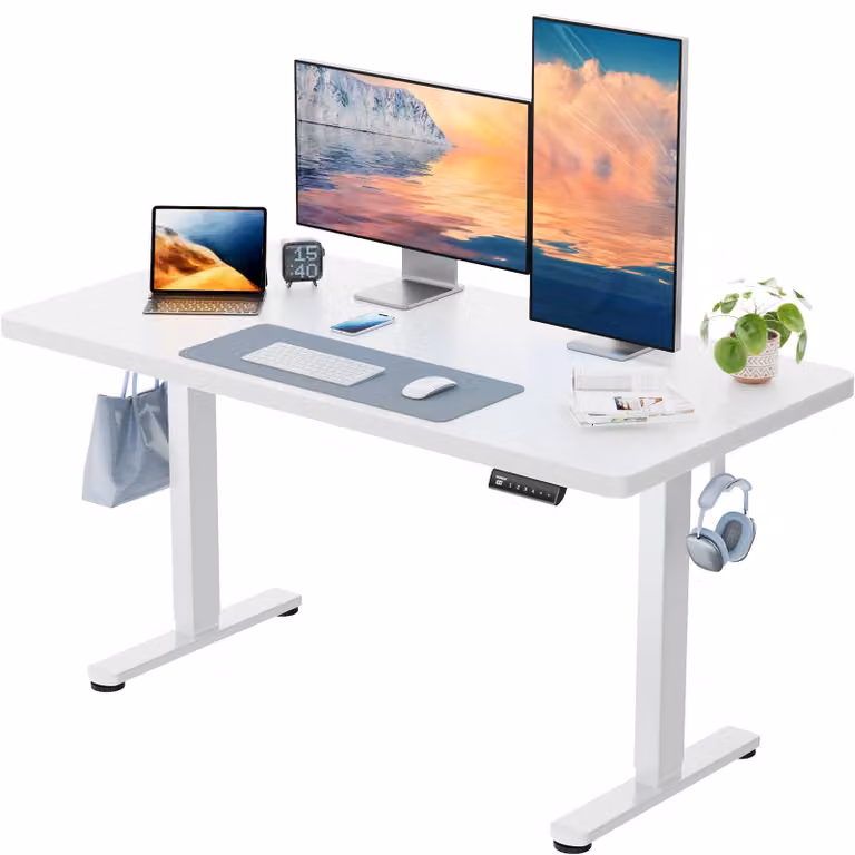 Scrivania regolabile in altezza, dimensioni 120x80 cm, colore bianco, capacità di carico 100 kg