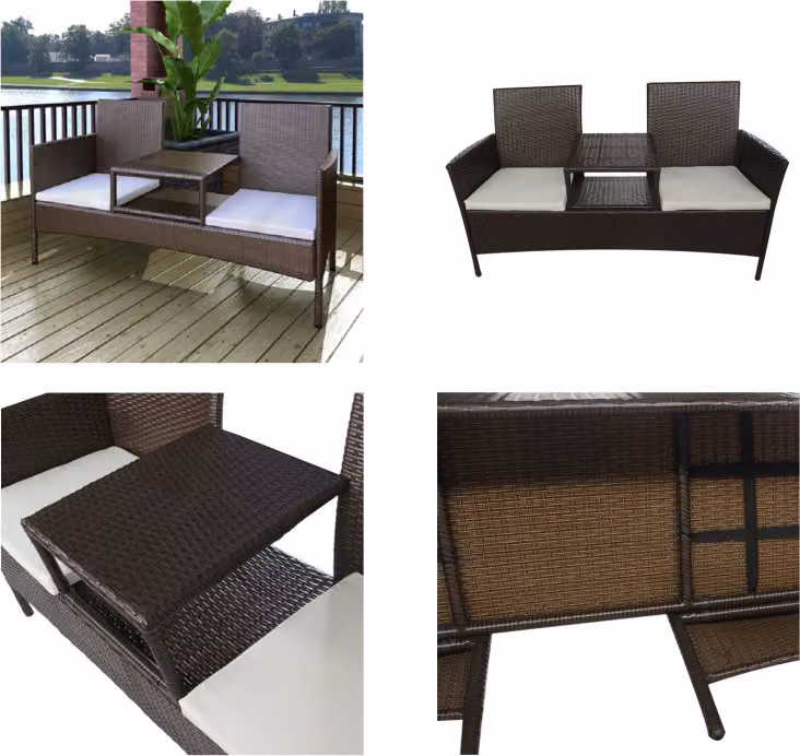 vidaXL Divano da giardino a 2 posti con tavolino in polirattan marrone - Panca da giardino - Panche da giardino - Panca da esterno - Panca da esterno