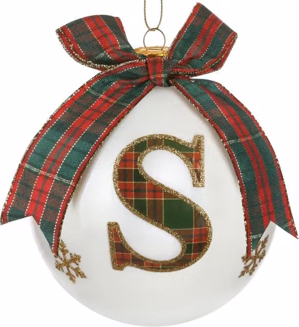 Pallina di Natale KASANOVA in vetro con lettera S e motivo tartan rosso, bianco e verde, diametro: 10 cm