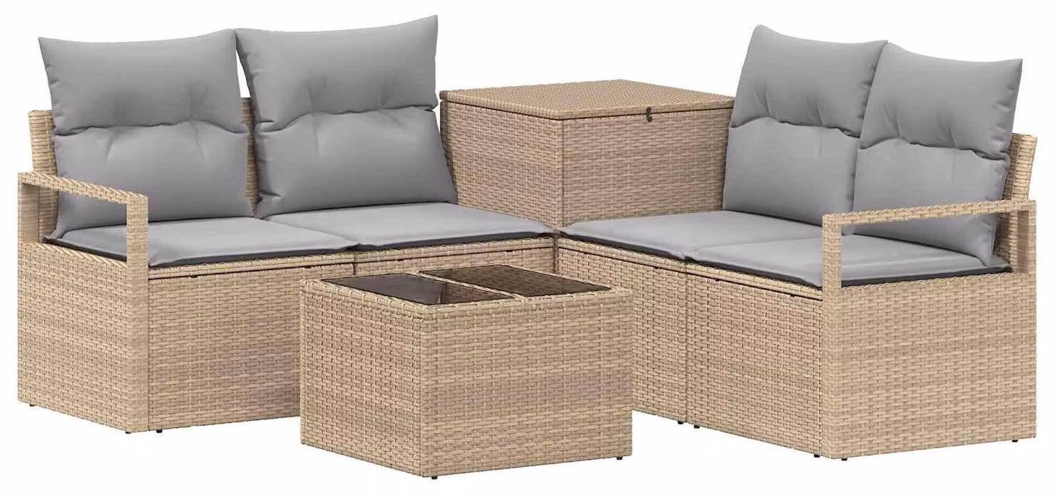 Set di divani da esterno, 6 pezzi. Colore: beige e grigio chiaro. Materiali: rattan sintetico e acciaio