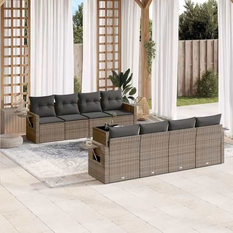 vidaXL Set Divano da Giardino 9 pz in Polyrattan Grigio con Cuscini e Tavolino