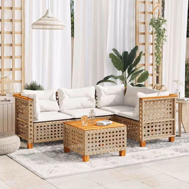 vidaXL Set Divano da Giardino 5 pz in Polyrattan con Cuscini Beige e Tavolino Moderno
