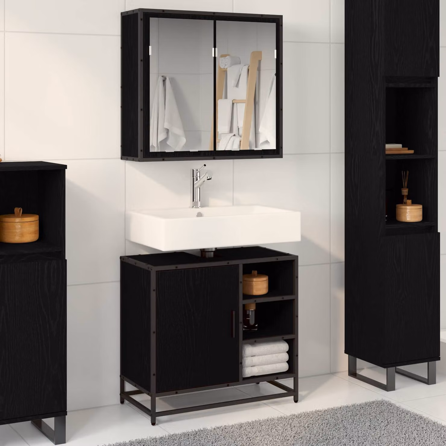 Set di mobili per il bagno vidaXL 2 pezzi in rovere e nero con mobile lavabo e armadietto specchio L/P/H: 65 x 33 x 60 cm – 1