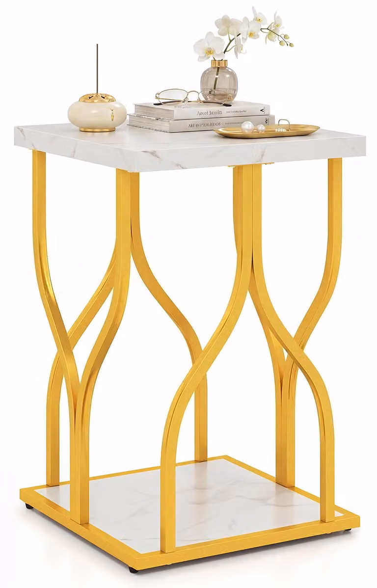 Tavolino laterale COSTWAY, tavolino da caffè con 2 ripiani e piano in aspetto marmo, tavolino da divano con struttura in metallo, comodino, 39,5 x 39,5 x 59,5 cm