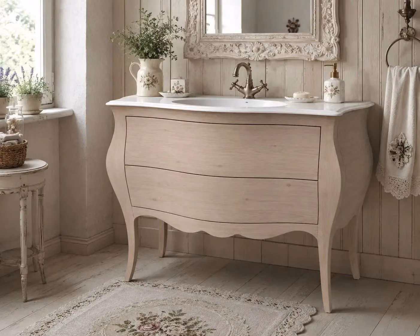 Mobile bagno bombato con 2 cassetti Mobili 2G in legno grezzo L: 108 cm, P: 55 cm, H: 82 cm – 3