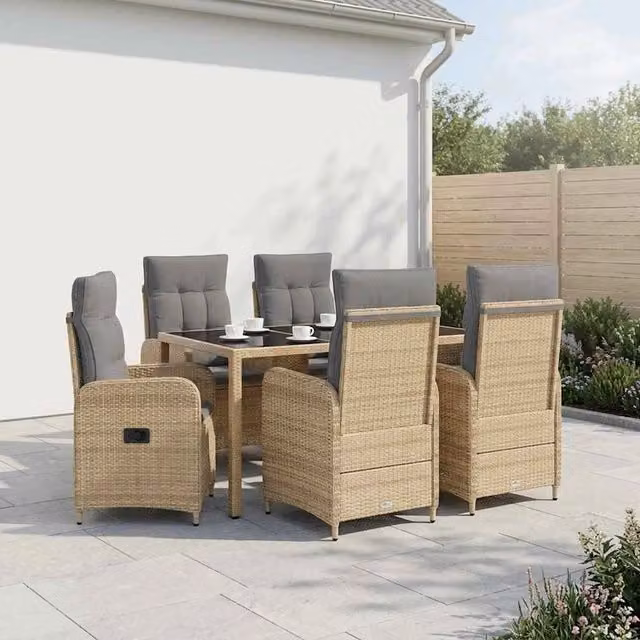 Set da pranzo per esterni vidaXL in polyrattan da 7 pezzi con tavolo rettangolare in vetro, colori beige e grigio