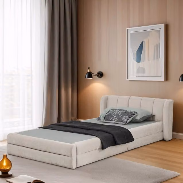 Letto singolo 90x200 cm con testiera ergonomica; rivestimento in ciniglia beige