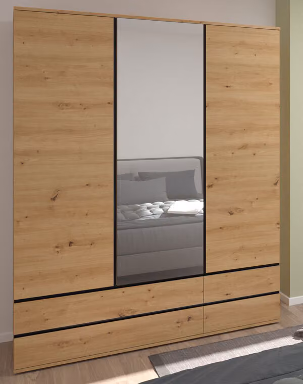 Armadio Naxos ad ante battenti con specchio 165x58x210cm rovere artigianale nero opaco