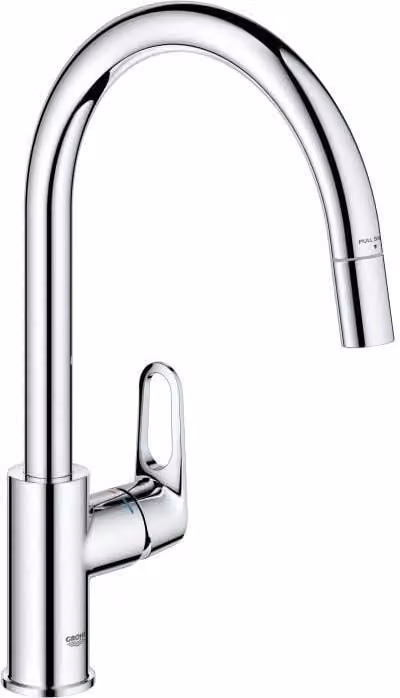 Rubinetto da cucina, cromato, bocca a C alta, aeratore estraibile, orientabile a 360°, limitatore di portata, GROHE Start Flow