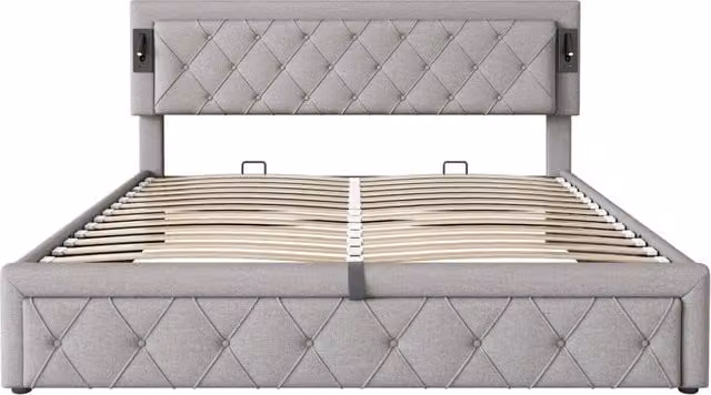 Letto matrimoniale imbottito 180x200 cm con illuminazione downlight e porta USB, sommier in legno con testiera a rombi in lino grigio, contenitore con sistema idraulico