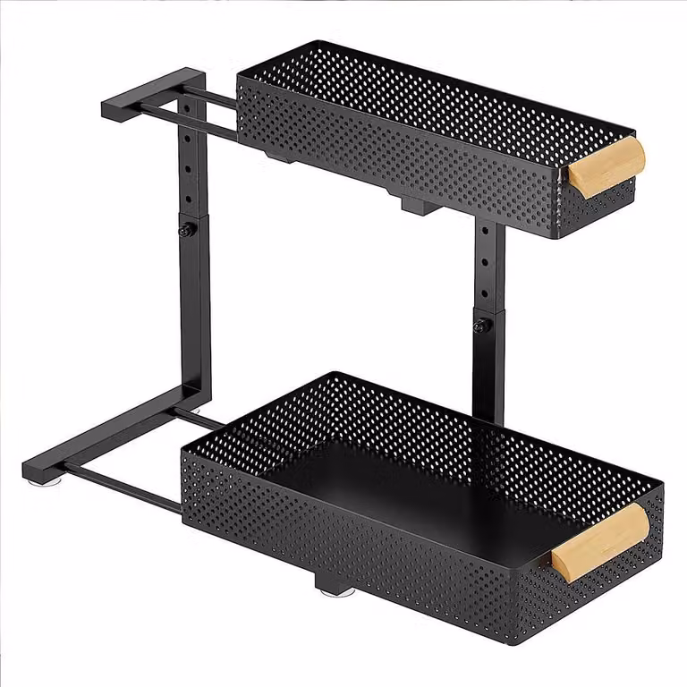 Organizzatore a due ripiani per mobile sotto lavello - Scaffale estraibile a forma di L per armadietto da cucina - Ripiano in acciaio regolabile - Cesto scorrevole con ventose - Nero