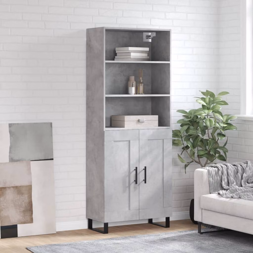 Credenza moderna vidaXL in legno multistrato e metallo, colore grigio cemento, L: 69,5 cm, P: 34 cm, H: 180 cm
