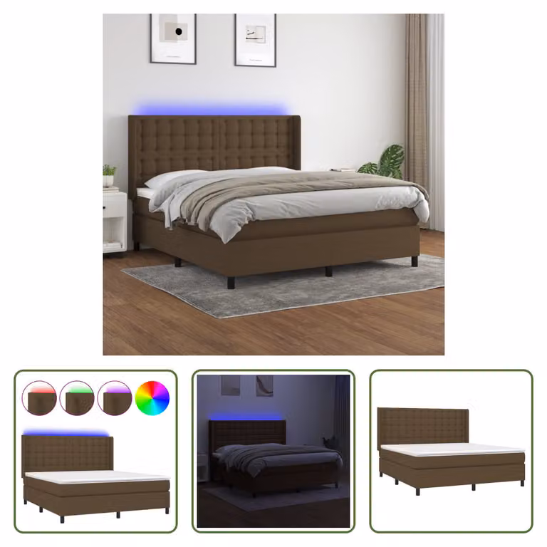 The Living Store Letto a molle con materasso e LED in tessuto marrone scuro 160x200 cm