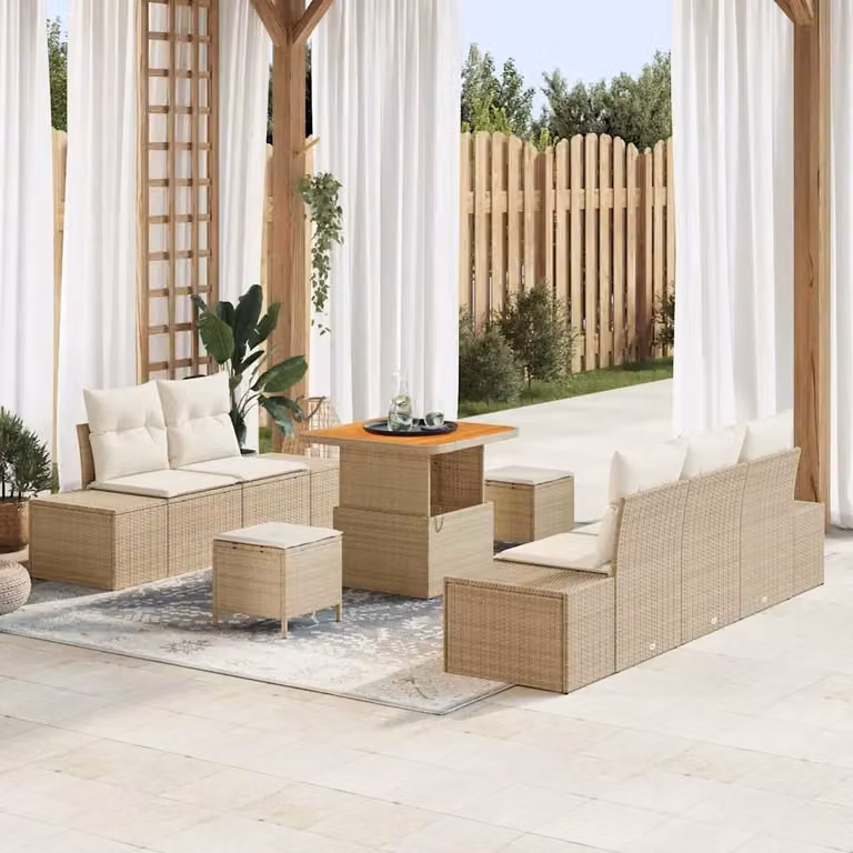 Set Divano da Giardino vidaXL 8 Pezzi Beige con Cuscini e Tavolino in Polyrattan e Acciaio