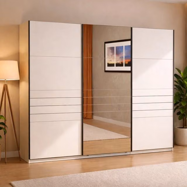 Armadio da camera da letto DMORA Tures con ante scorrevoli e specchio, Bianco Opaco, L: 267 cm, H: 217 cm, P: 61 cm