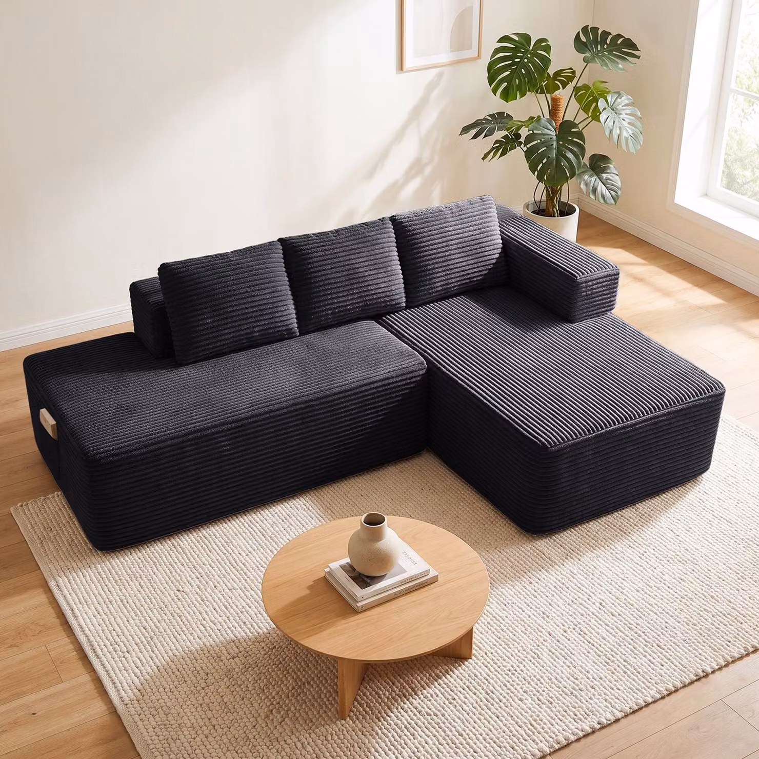 Divano componibile modello Ecksofa, con funzione letto, 228 cm, rivestito in velluto. Divano modulare "Boneless" con chaise longue e struttura in metallo per lo schienale. Divano a forma di L con funzione letto e struttura aperta