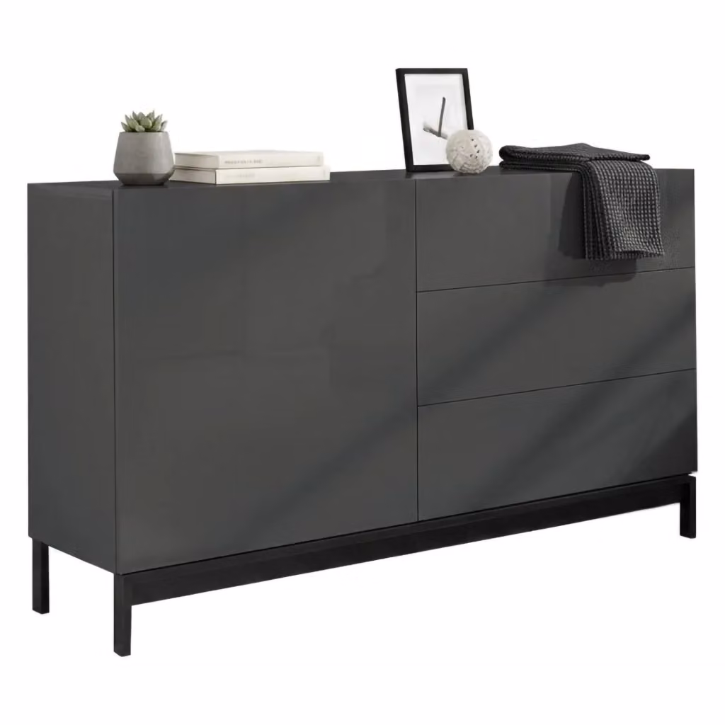 Credenza moderna Adana DMORA con 1 anta e 3 cassetti, Madia da cucina e buffet di design per soggiorno, Antracite lucido, L: 110 cm, P: 40 cm, H: 47 cm – 2