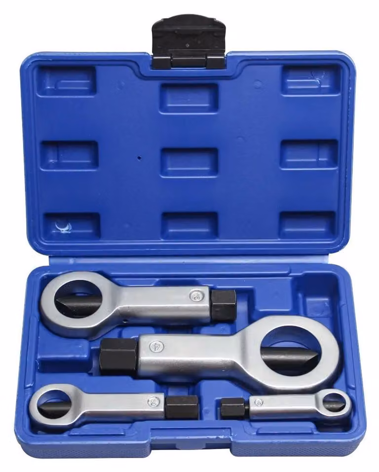 Set di estrattori per bulloni danneggiati, composto da 4 pezzi: utensile combinato robusto, acciaio inossidabile, ideale per bulloni danneggiati e arrugginiti, con ganasce intercambiabili, fornito in un contenitore di stoccaggio, colore blu