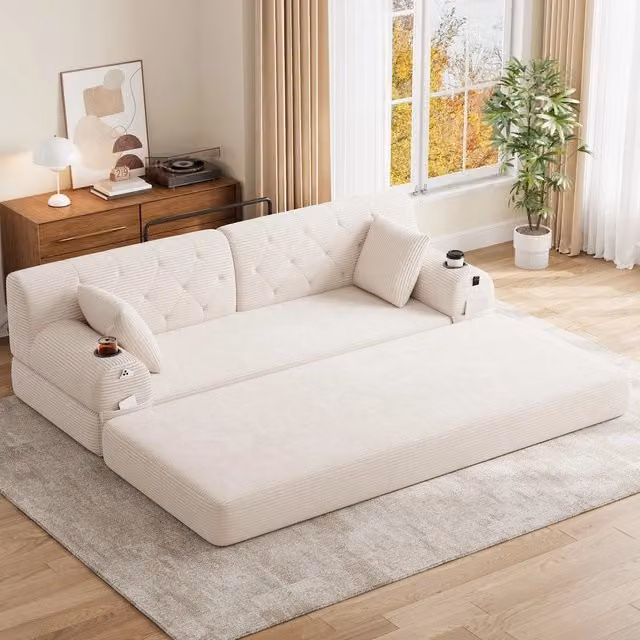 Divano letto 3 posti ¨C Minimal ¨C Beige, struttura in metallo, tessuto corda con portabicchieri e tasche laterali