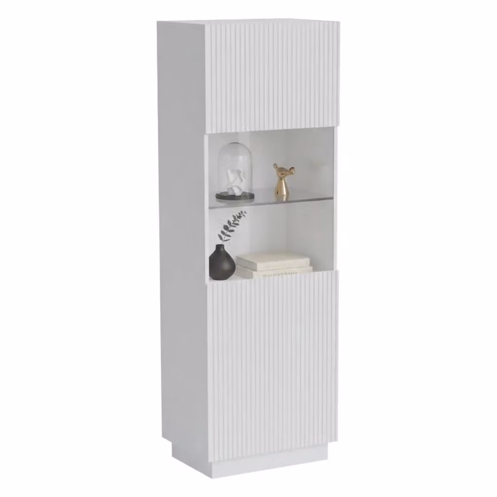 Vetrina Vado DMORA con ante in vetro e finitura effetto cannettato, Bianco, L: 60 cm, P: 40 cm, H: 178 cm – 2