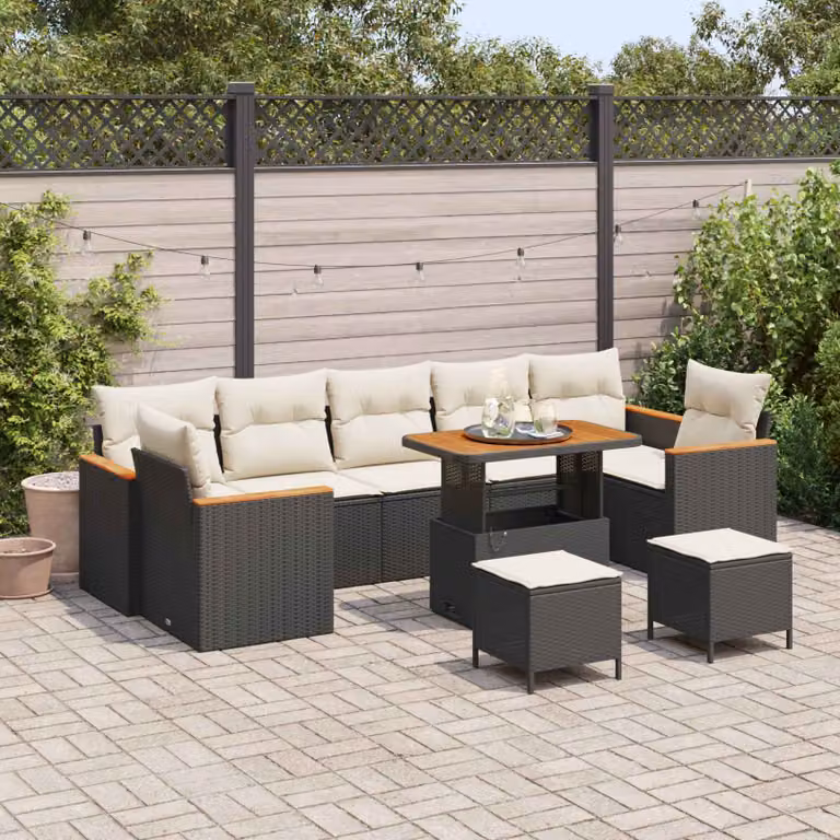 Set Divano da Giardino vidaXL in Polyrattan Nero con Cuscini e Tavolino da Esterno