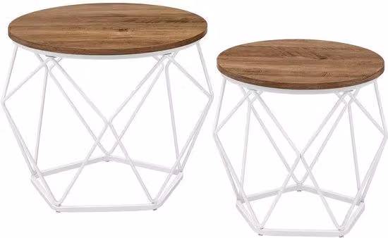 Set di 2 tavolini rotondi, stile moderno, piano removibile, base in acciaio, ideali per il soggiorno, legno - bianco - LET040K41