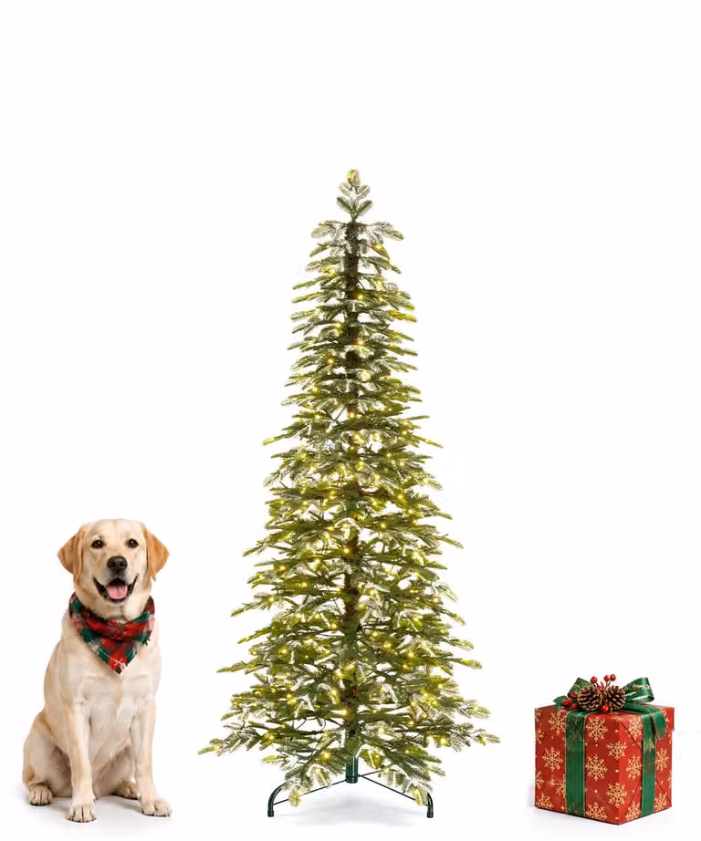 Albero di Natale artificiale con luci a LED, effetto neve e rami in PE; festoso abete artificiale per la decorazione natalizia degli ambienti domestic