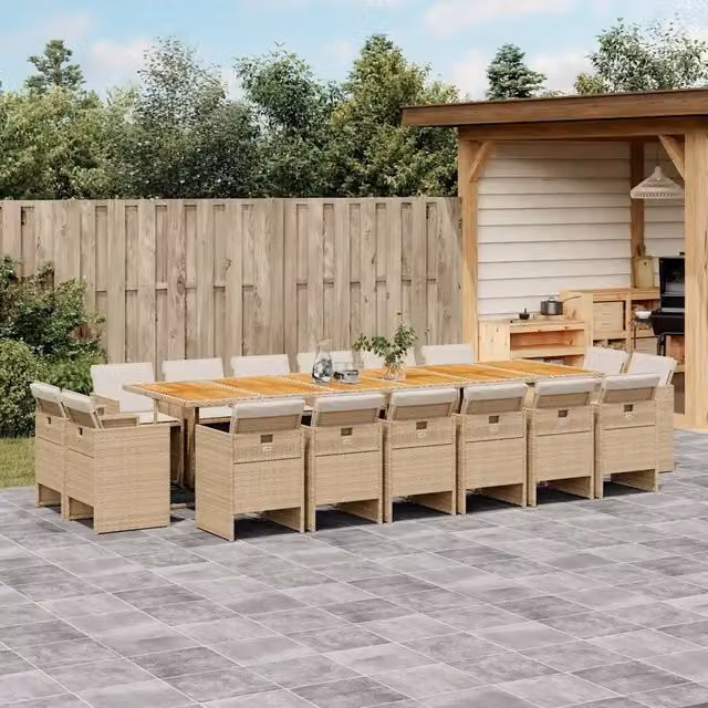 Set da pranzo da giardino vidaXL in polyrattan e legno di acacia con 17 pezzi e cuscini beige