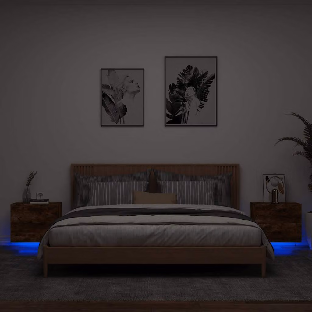 Set di 2 comodini da parete vidaXL con luci LED integrate in legno Rovere Fumo