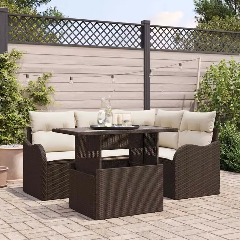 Set Divano da Giardino a L vidaXL con Tavolino e Cuscini, Struttura in Metallo e Rattan, Marrone e Bianco