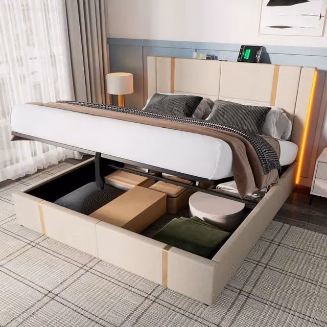 Letto contenitore 160 × 200 cm con vano idraulico LED RGB USB e Type-C testiera in lino beige con rete a doghe