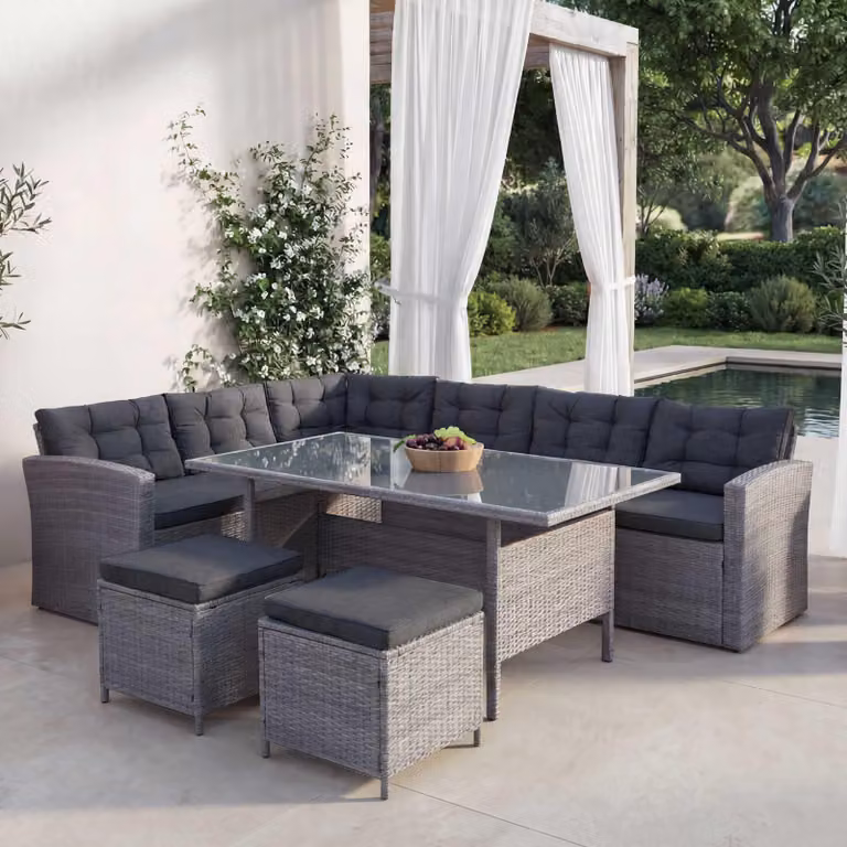 Set in polyrattan MCW-A29, set da giardino Set salotto Tavolo da pranzo Set divano ~ grigio, cuscini grigi + 2x pouf