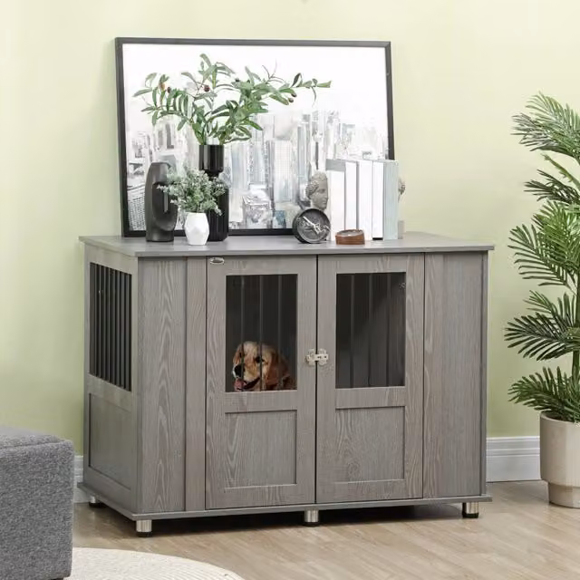 Cuccia per cani WISHDOR in legno grigio con pavimento rialzato, L: 116 cm, P: 60 cm, H: 87 cm – 1