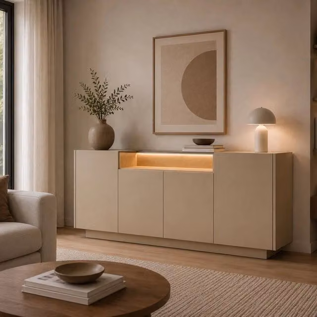 Madia DMORA Halefa in finitura rovere marrone chiaro e beige con illuminazione integrata, L: 103 cm, P: 40 cm, H: 83 cm