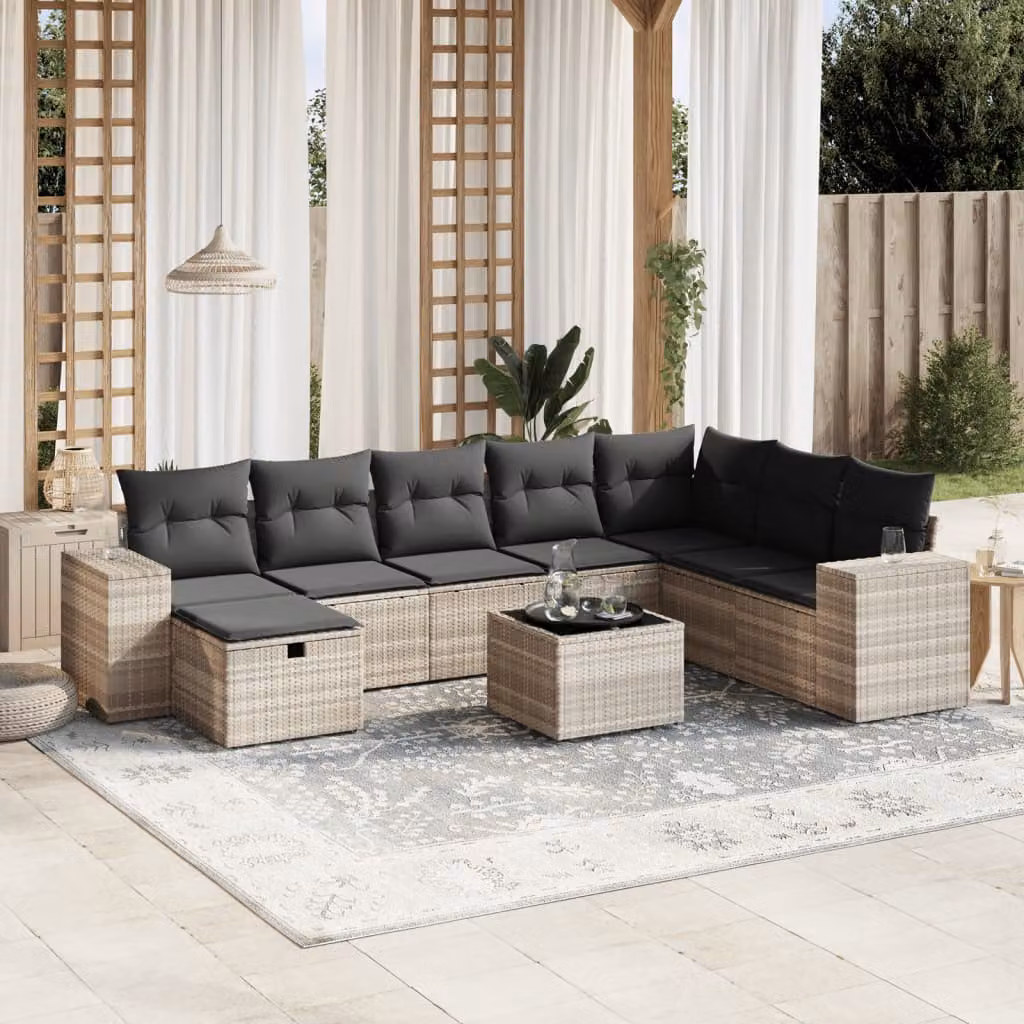 Set Divano da Giardino vidaXL 9pz a Forma di L con Cuscini Grigio Chiaro e Tavolino in Vetro – 1