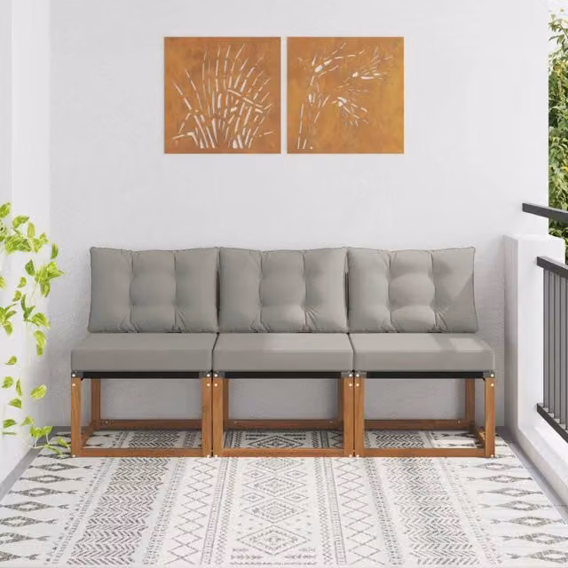 Set di 3 pezzi di divani centrali da esterno vidaXL in legno di acacia e tessuto grigio per giardino, balcone o terrazza