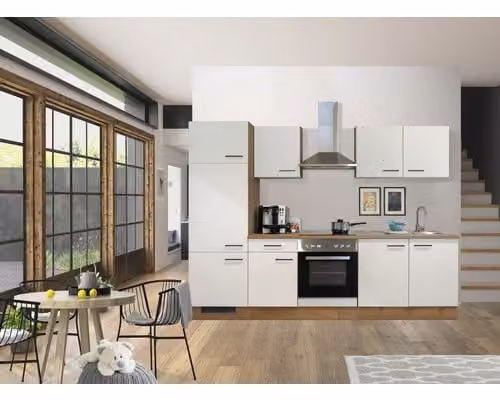 Mobile cucina con elettrodomestici Flex Well Vintea 270 cm colore frontale magnolia opaco colore mobile lancelot rovere