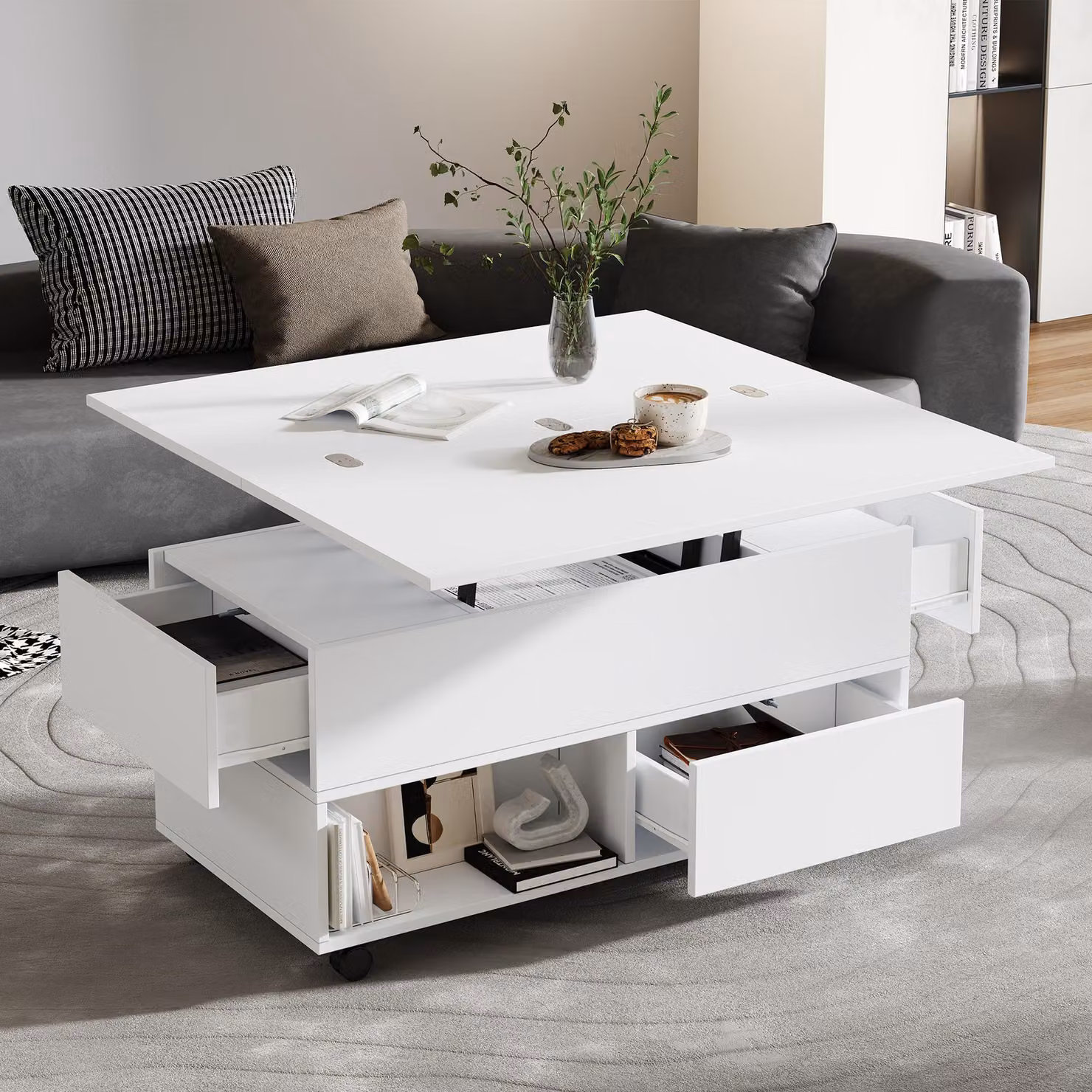 Tavolino regolabile in altezza Merax, 100x50x52 cm, con 4 cassetti, illuminazione LED, tavolo da salotto con piano rialzabile, bianco
