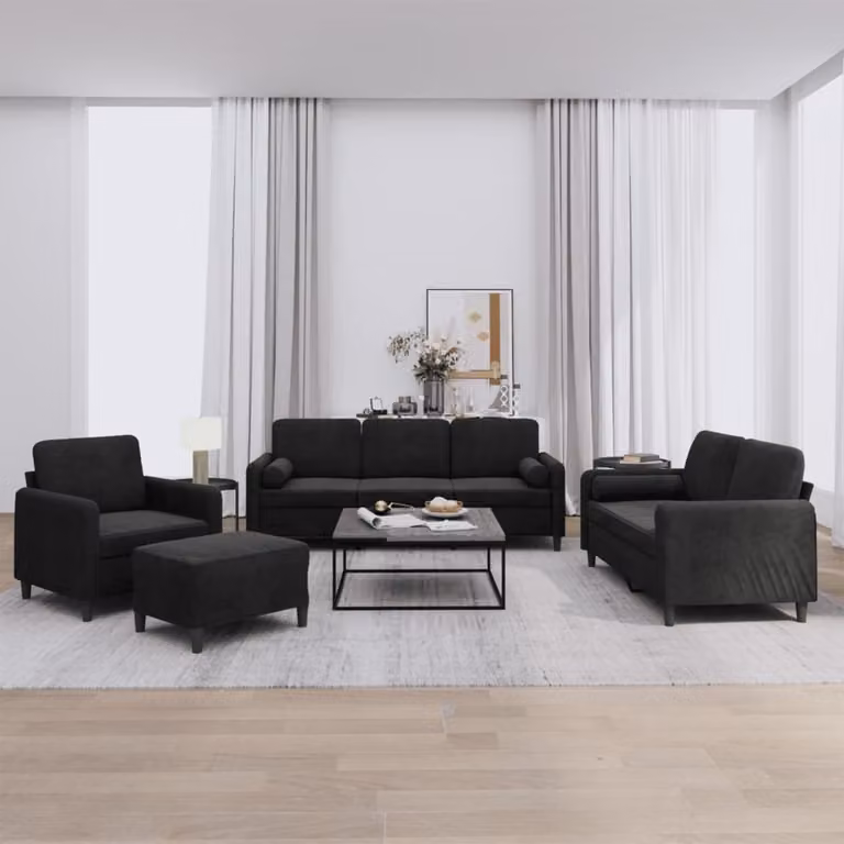 Set di Divani 4 pz con Cuscini Nero in Velluto
