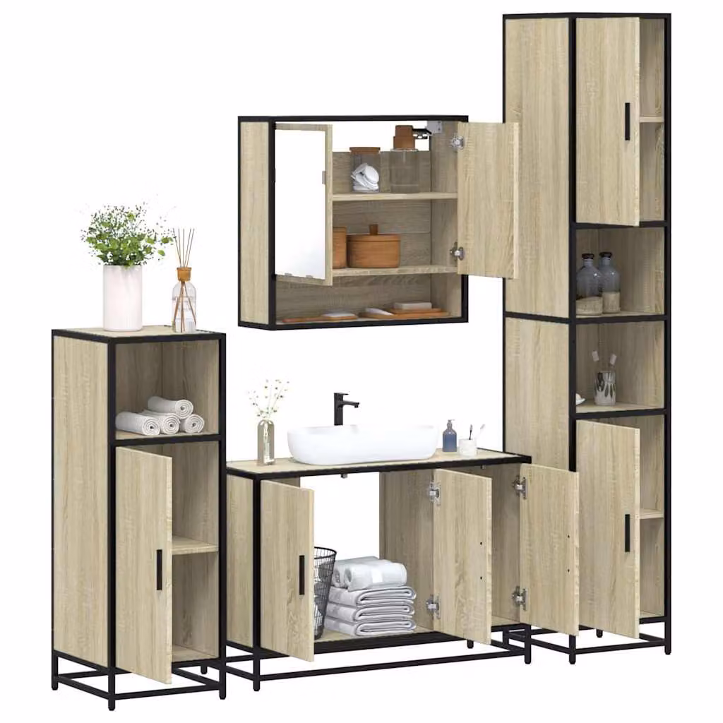 Set di mobili da bagno industrial vidaXL 4 pezzi in legno e metallo marrone con armadietto specchio, mobile lavabo, mobile laterale e colonna alta