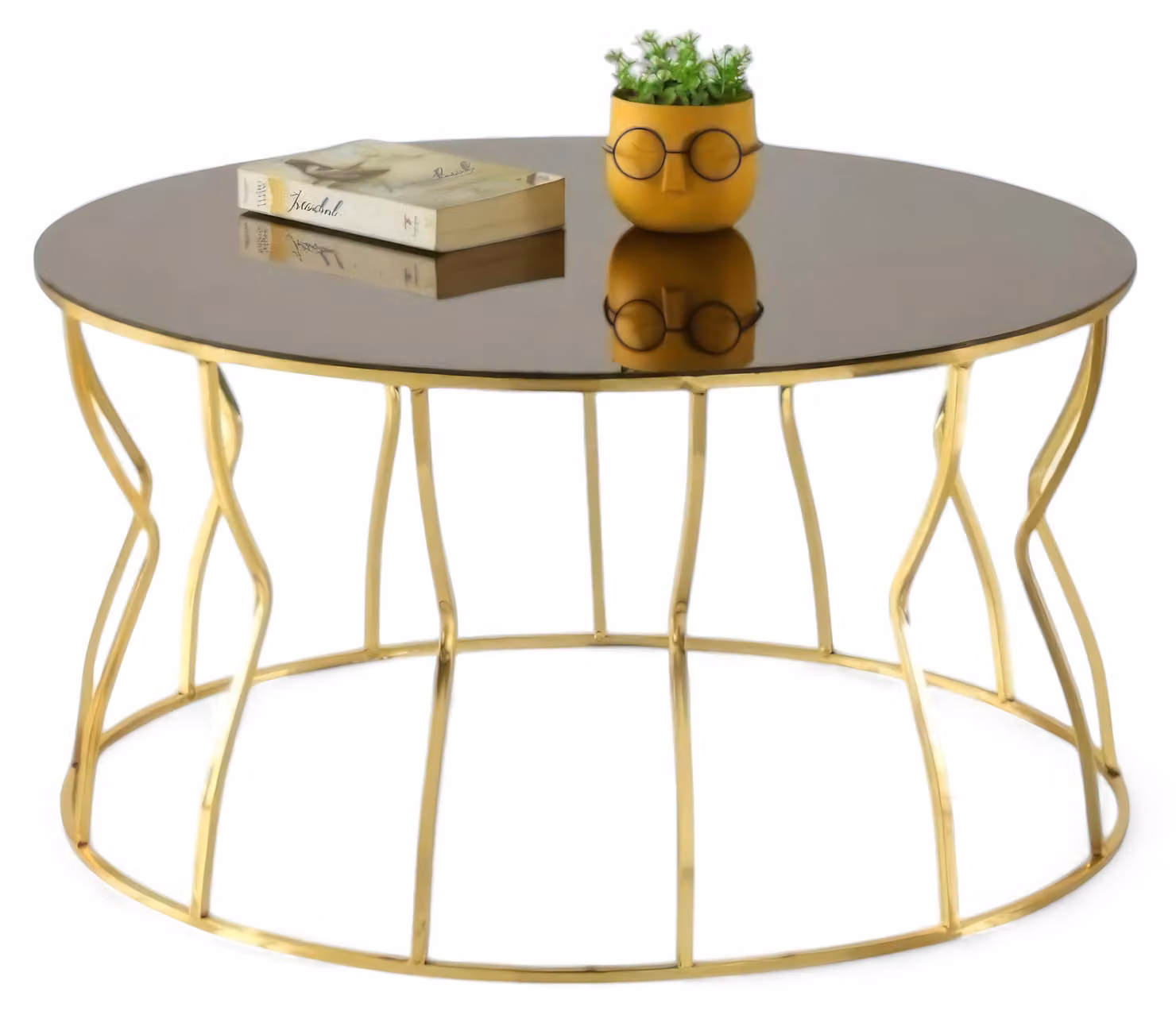 Tavolo da soggiorno con lussuoso piano in vetro e struttura in metallo decorato