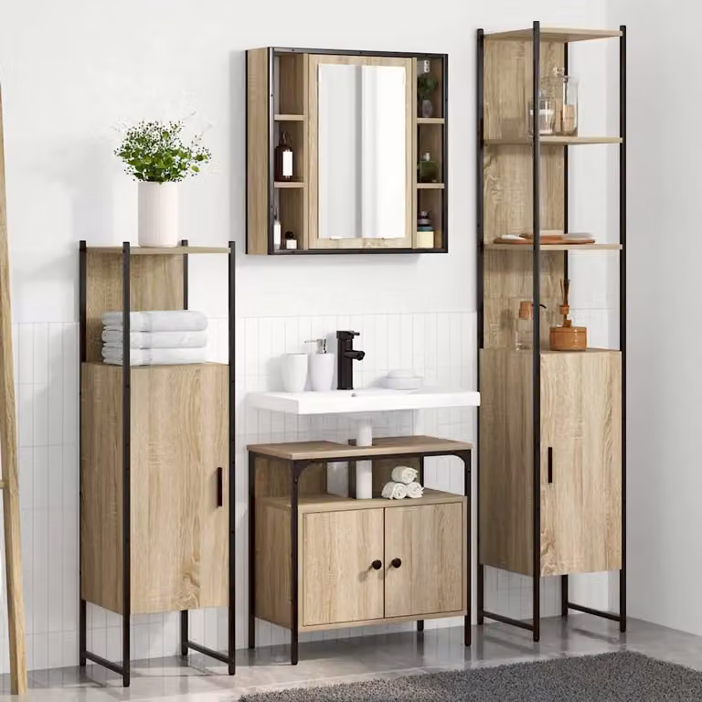 Set di mobili per il bagno moderno vidaXL composto da mobile lavabo e armadietto con specchio in legno e metallo, colore marrone, L/P/H: 62.4 x 33.0 x 33.0 cm