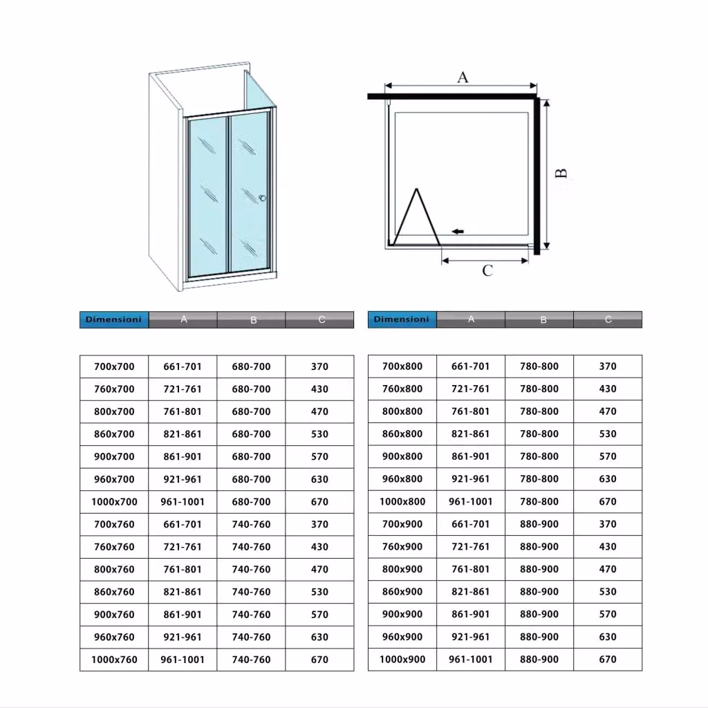 Box Doccia Angolare Aica Italy con Porta a Soffietto e Parete Fissa, Vetro Temperato Satinato Opaco 5 mm, Profilo Cromato, L/P/H: 70 x 70 x 185 cm – 2