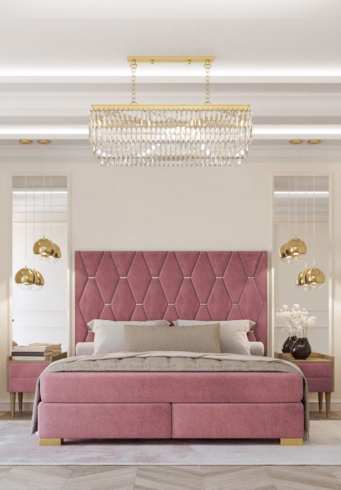 Rosa Schlafzimmer Doppelbett Designer 2x Nachttische 3-teilige Garnitur