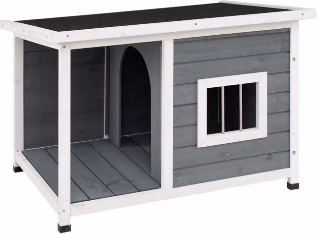 Casetta in legno di abete per cani e gatti con terrazza, tetto apribile e piedini rialzati, colore grigio, ideale per esterno e interno – 1