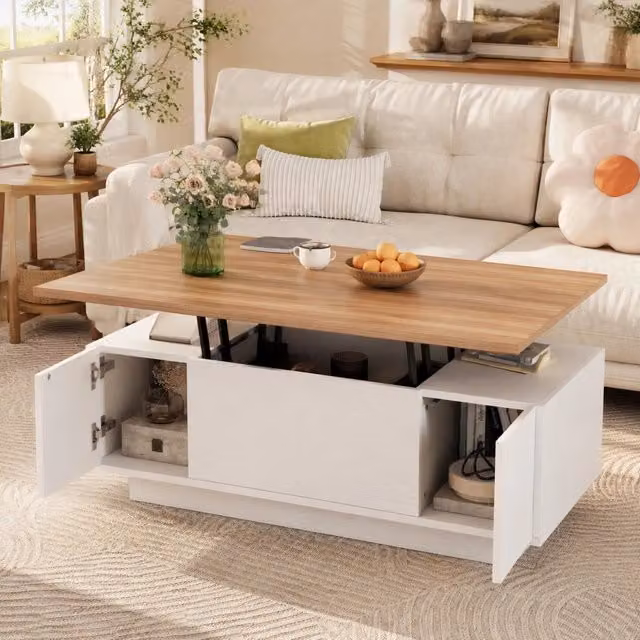 Tavolino da salotto ULEVR 100x50x55,5 cm con doppio piano sollevabile, vano nascosto e 2 ante, bianco e legno
