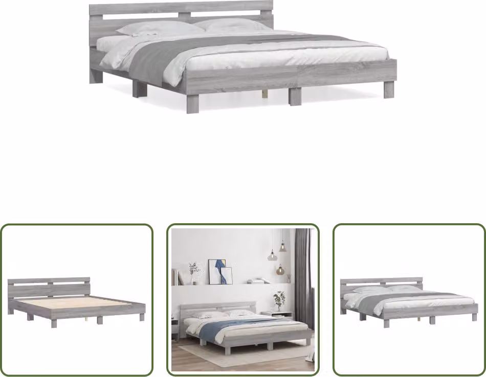 The Living Store Giroletto con testiera grigio Sonoma 160x200 cm in materiale ligneo