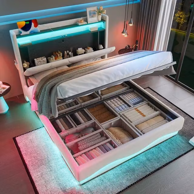 Letto imbottito con testiera LED ¨C Minimal ¨C 160x200 cm, con contenitore, rete a doghe idraulica, con porte USB
