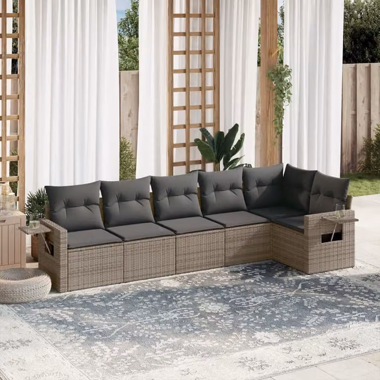 vidaXL Set Divano da Giardino 6 pz a L in Polyrattan Grigio con Cuscini e Tavolino